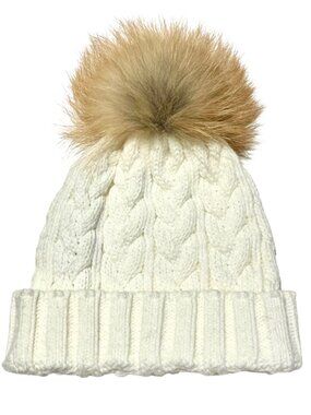 Adrienne Landau Cable Knit Beanie with Fox Fur Pom in Cream